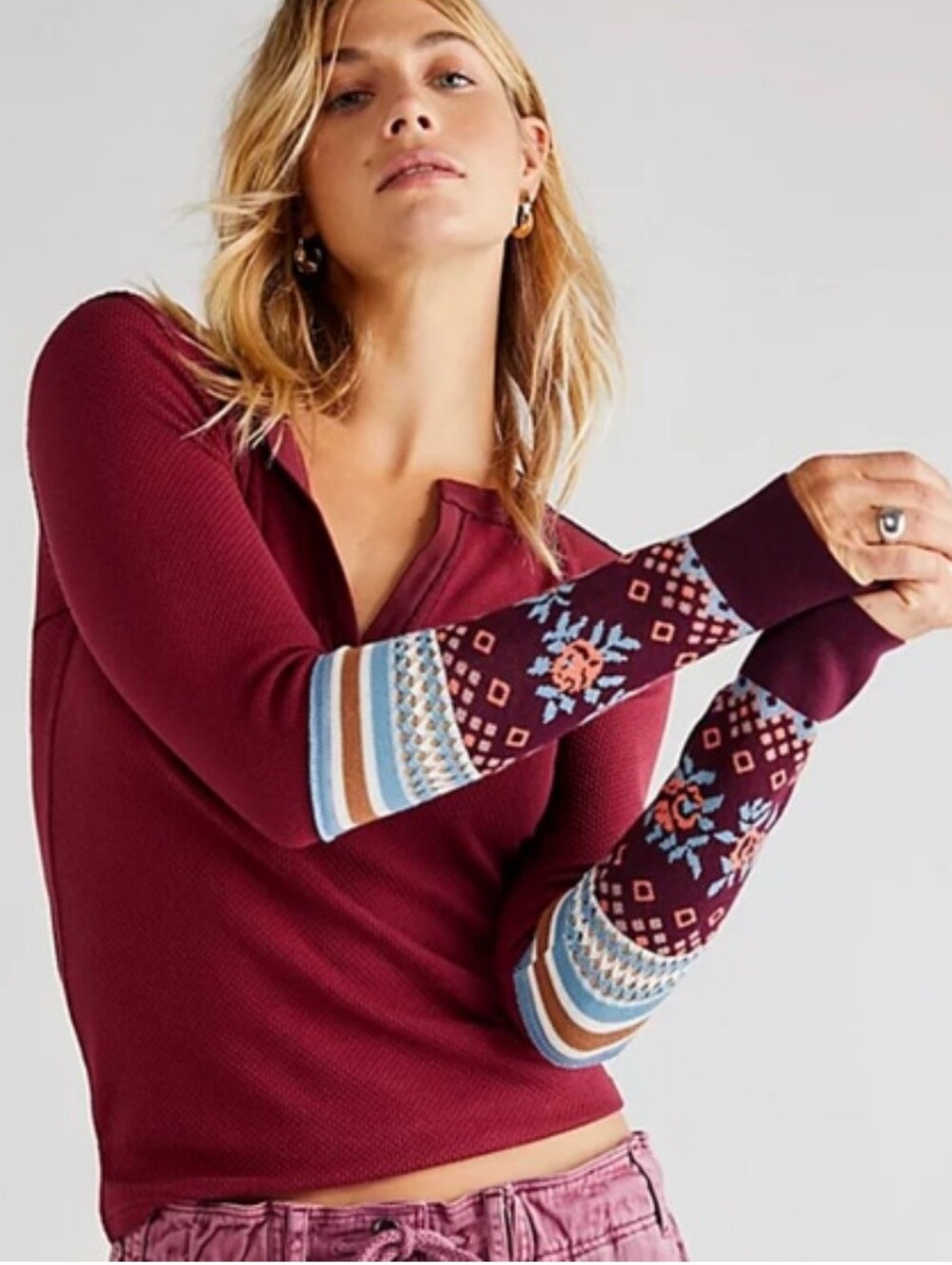 Festival Mikah We The Free Layering Cuff Top Wine Thermal Henley  Boho Grunge